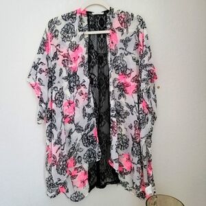 Lush sheer and lace floral kimono cardigan